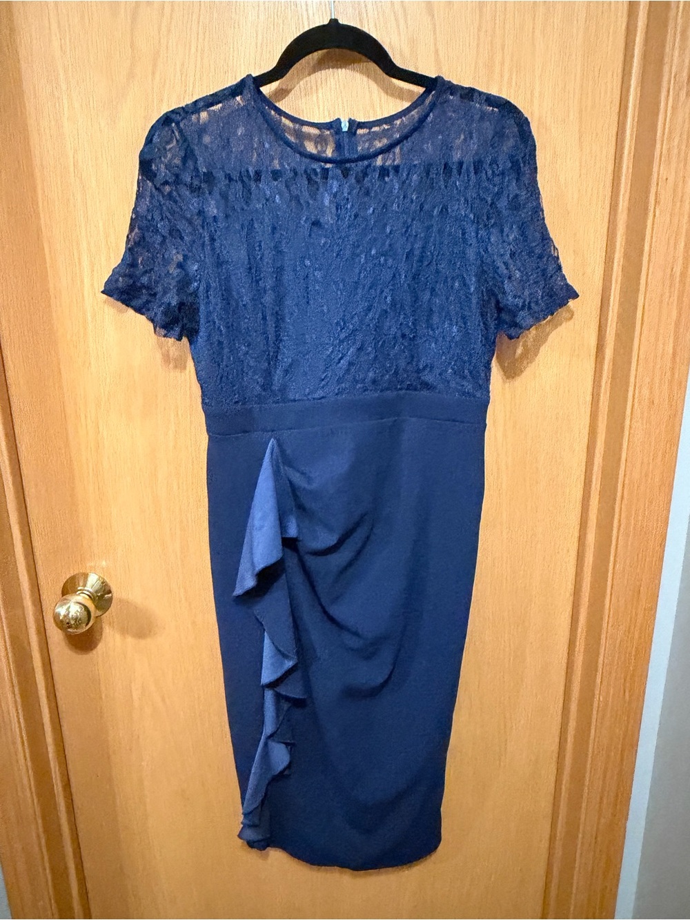 SHEIN Navy Lace Bodice Midi Dress with Cascade Ruffle